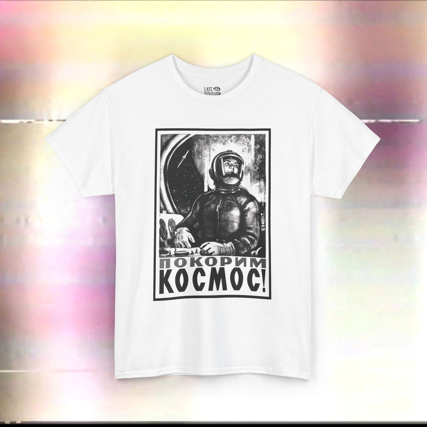 Let's Conquer Space! 1960 Soviet Space Poster, Unisex Heavy Cotton Tee