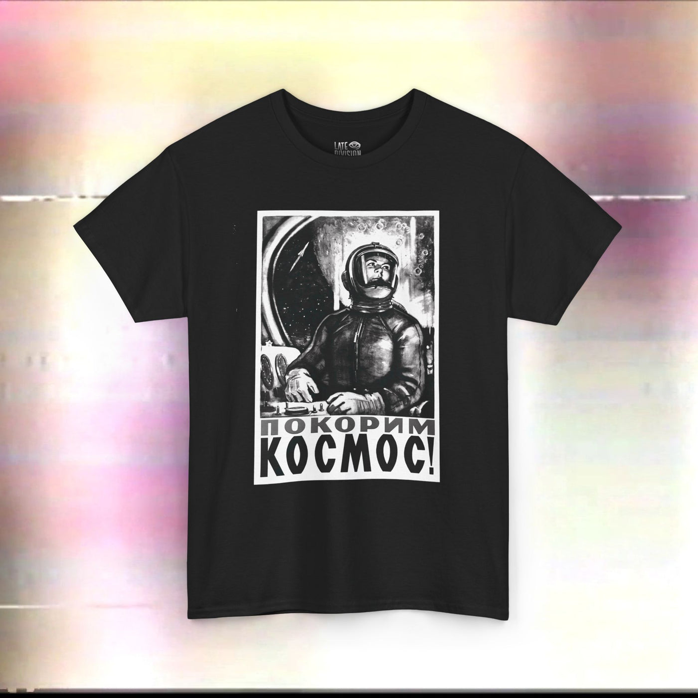 Let's Conquer Space! 1960 Soviet Space Poster, Unisex Heavy Cotton Tee